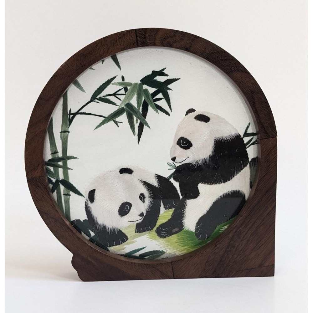 Vintage Double Sided Suzhou Silk Embroidery Panda Bamboo Wood Frame Asian Art‎